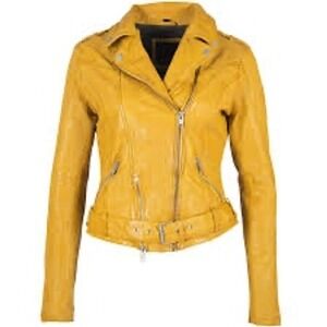 Mauritius Mustard Yellow Leather‎ Biker Moto Jacket Womens Regular Fit Belted